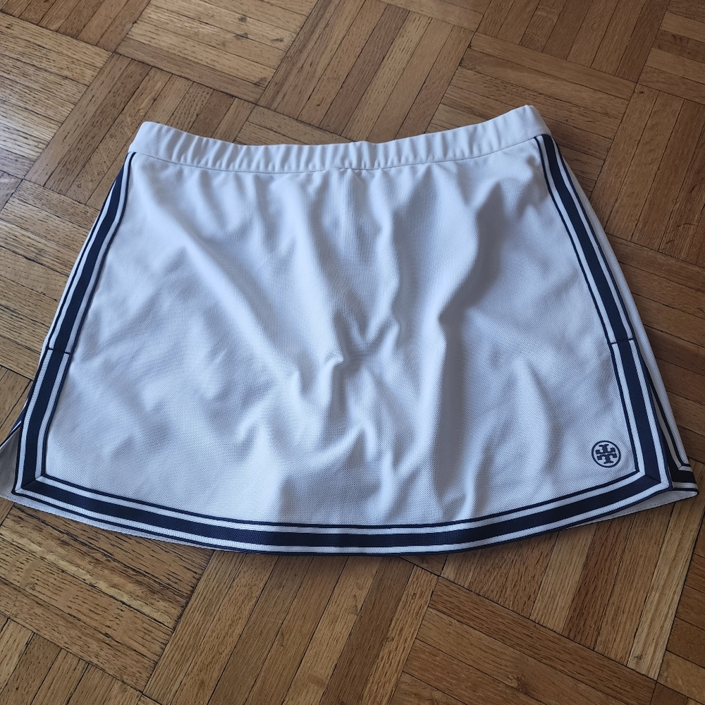 Tory Burch White Mini Skirt with Navy Stripe Trim